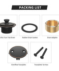 Oil Rubbed Bronze Tub Drain Trim Set Conversion Kit components with lift and turn drain, rubber gasket, drain adapter, faceplate, screws