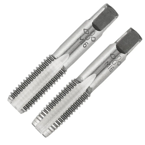 Close-up of Pro Grade M16x2 Hand Tap And Die Set for Metric Threading, two steel taps for threading steel, copper, aluminum.