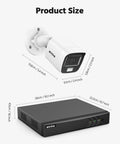Dimensions of the 8 Channel 3K Lite Wired Security Camera System With H265 DVR AI Human And Vehicle Detection Four 1080p Bullet Cams