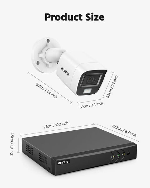 Dimensions of the 8 Channel 3K Lite Wired Security Camera System With H265 DVR AI Human And Vehicle Detection Four 1080p Bullet Cams