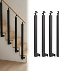 Heavy Duty Side Mount Stair Railing Posts 35.4 Inch Carbon Steel Indoor Handrail Support 4 Pack Square Tube displayed by staircase.