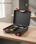 Durable Plastic Tool Box With Secure Latching System for grab and go storage of hardware, screws, and small parts on table.