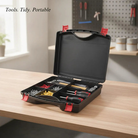 Durable Plastic Tool Box With Secure Latching System for grab and go storage of hardware, screws, and small parts on table.