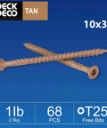 Built Different Ten By Three Inch Exterior Deck Screws Seventy Two Piece Heavy Duty Carbon Steel Pack With Rust Defying Coating For Tough Outdoor Wood Builds And Badass Load Bearing Hold, tan color, 10x3 size, two threaded screws.