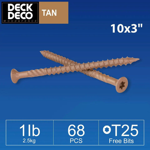 Built Different Ten By Three Inch Exterior Deck Screws Seventy Two Piece Heavy Duty Carbon Steel Pack With Rust Defying Coating For Tough Outdoor Wood Builds And Badass Load Bearing Hold, tan color, 10x3 size, two threaded screws.