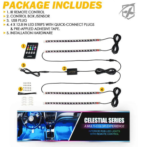 Package contents of RGB LED Car Interior Ambient Light Strips With Bluetooth And USB, Wireless Remote, and App Control Kit.
