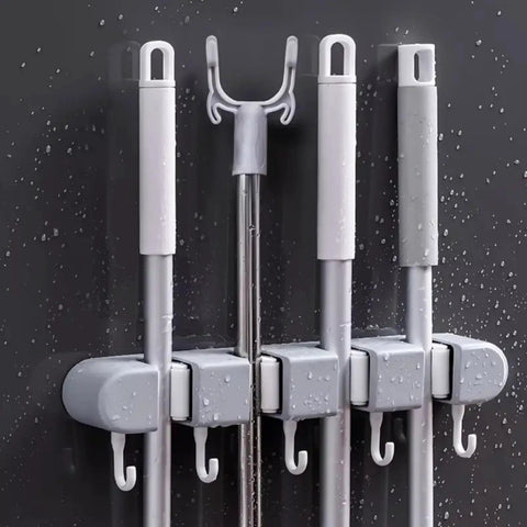 Heavy Duty Wall Mount Broom And Mop Organizer With 4 Racks And 5 Hooks for Bathroom Kitchen Garage Garden And Laundry Room