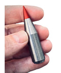 20mm Phalanx CIWS Dummy Round Kit With Red Sabot, Tungsten Penetrator, held in hand, showcasing detail.