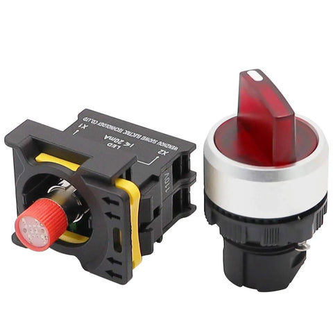 Red LED Indicator Rotary Switch 110V-220V 22mm Waterproof IP65 Latching With 1 NO 2 Positions shown in two parts