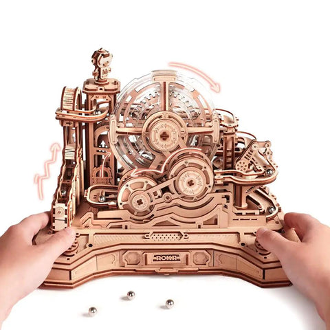 3D Wooden Puzzle And Marble Run Kit For Adults And Teens, Build And Play DIY Gear Ball Challenge With Auto Lift, Ramps And Victory Bell, Retro Gamepad Styled Model Building Toy For Christmas And Birthday Gifts. 653-piece wooden marble run