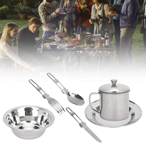 Portable Stainless Steel Outdoor Tableware Set For One, including bowl, cup, plate, fork, and spoon, ideal for camping and BBQs.