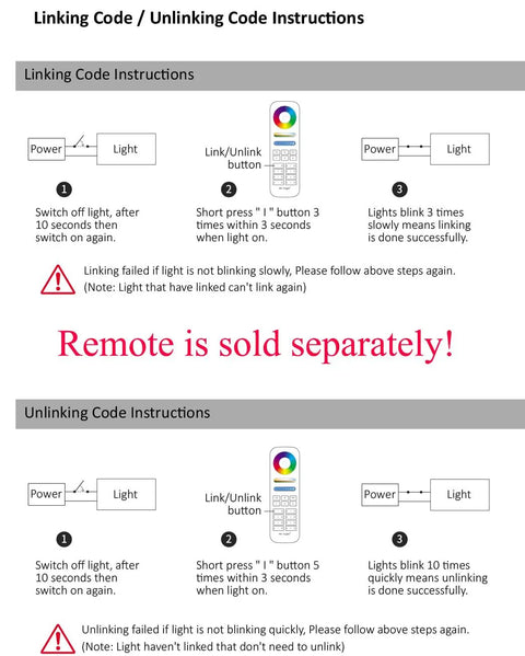Instruction guide for linking and unlinking LED flood light to a remote, noting remote is sold separately.