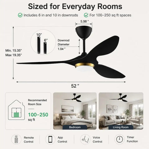 52 Inch Black Modern Ceiling Fan With Lights And Remote, Smart WiFi Enabled, Three Blades Quiet DC Motor, size diagram