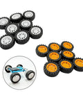 40 Piece Plastic Toy Wheel Kit With 2mm Shafts And Metal Axles for DIY cars with white and orange wheels displayed