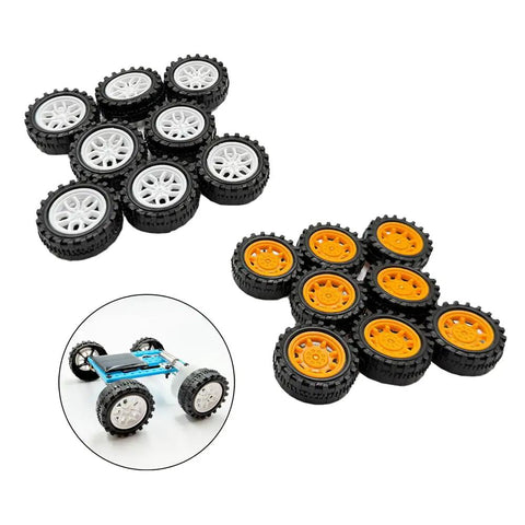 40 Piece Plastic Toy Wheel Kit With 2mm Shafts And Metal Axles for DIY cars with white and orange wheels displayed