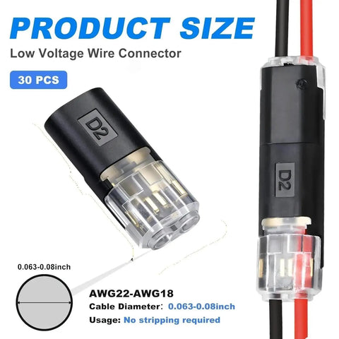 Get A Fast Fix With Double Wire Locking Plugs, 30 Pcs Of 2 Pin Pluggable Connectors That Skip The Strip Job For Home Lighting And Quick Wiring Jobs Without Tools, 30 pcs D2 low voltage wire connectors for AWG22-AWG18 cable