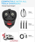 Portable Tesla To J1772 EV Charging Adapter With 60 Amp Output And Rugged Ip65 Weatherproofing Featuring A Secure Safety Lock For No Sweat Plug Ins And Road Trip Ready Ease Across All Electric Vehicles showing charging connectors and compatibility.