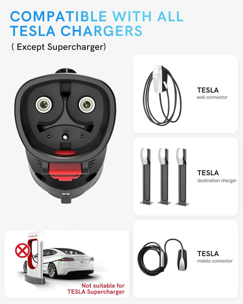 Portable Tesla To J1772 EV Charging Adapter With 60 Amp Output And Rugged Ip65 Weatherproofing Featuring A Secure Safety Lock For No Sweat Plug Ins And Road Trip Ready Ease Across All Electric Vehicles showing charging connectors and compatibility.