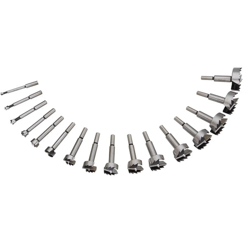 Battle Tested 16 Piece Forstner Drill Bit Set With Wood Storage Case And Killer Saw Tooth Design For Dead Accurate Holes displayed in a row.