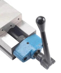 Heavy Duty Precision Bench Vise For Milling Machines, close-up of blue fixed jaw and black adjuster handle