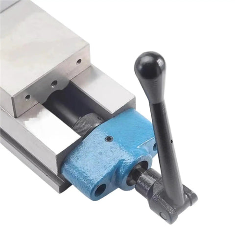 Heavy Duty Precision Bench Vise For Milling Machines, close-up of blue fixed jaw and black adjuster handle