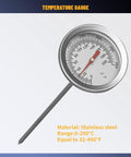 Front view: stainless steel temperature gauge with long probe, 0-200°C (32-400°F) range.