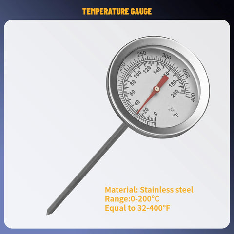 Front view: stainless steel temperature gauge with long probe, 0-200°C (32-400°F) range.
