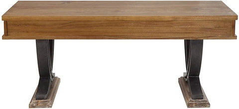 Built Tough Industrial Rustic Coffee Table Crafted From Thick Solid Acacia Wood With Two Deep Storage Drawers And Heavy Duty X Shaped Steel Base For Modern Living Room Decor, front view.