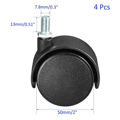 Hella Smooth Black Nylon Twin Wheel Furniture Casters 4 Pack with 50mm size and M8x13mm threaded stem for cabinets and trolleys.