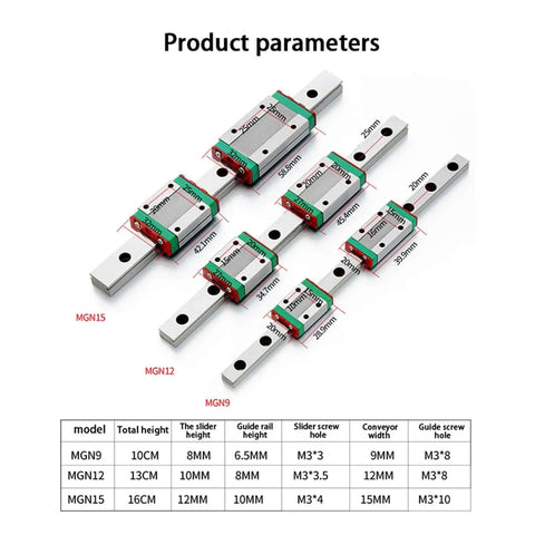 Product parameters for Super Smooth Precision Linear Guide Rail Kit With Mgn9 Carriages For Cnc And Routers 150mm Blocks And Extended Rails Up To 600mm Low Friction Motion Plus Easy Install No Maintenance Needed For Serious Machining Projects Today. MGN9 MGN12 MGN15 sizes