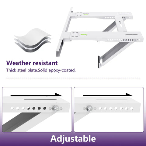Weather resistant features of No Drill Window Air Conditioner Bracket For 12,000 To 24,000 BTU Units with adjustable steel frame.