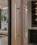 Heavy Duty Satin Round H Type Door Pull 60 Inch Length With 150 mm Bolt 304 Stainless Steel Indoor Outdoor Ready Premium Decorative Hardware For Modern Doors Easy Install Built To Last on wood door