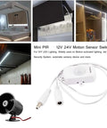 Mini PIR Motion Sensor Switch for DIY LED Lighting showing installation in under-cabinet and wardrobe lighting with DC 12V-24V support