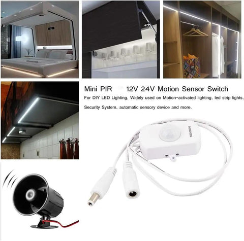Mini PIR Motion Sensor Switch for DIY LED Lighting showing installation in under-cabinet and wardrobe lighting with DC 12V-24V support