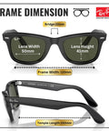 Square Shaped Non-Polarized Sunglasses With Green Lenses For Men And Women, frame dimensions illustrated on white background