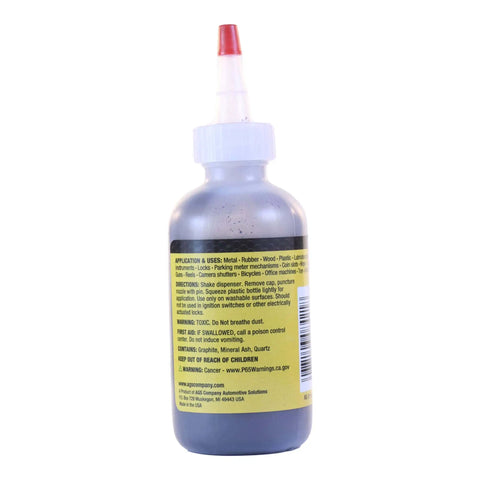 Side view of Mr Zip Extra Fine Dry Graphite Lubricant 2oz Bottle with yellow label and red nozzle, for quiet hinges and locks.