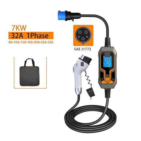 Road Trip Ready Portable J1772 EV Charger Cable 7KW 32A Five Meter Cord Built For Garage Recharge with display and plugs