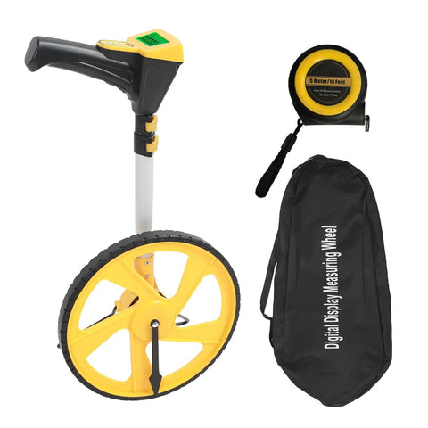 Rugged Workhorse Digital Measuring Wheel With Crisp Backlit Lcd Gauge And Flexible Telescopic Shaft for distance tracking and storage bag.