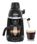 No Hassle Portable Coffee Machine With Quick Turn 800 Watt Espresso And Cappuccino Maker Featuring Built In Milk Frother For Straight Up Lattes And Smooth Daily Grinds Black with coffee cup and brew pitcher.
