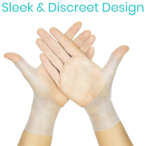 Gel Thumb And Wrist Support Brace For Pain Relief And Swelling waterproof cool wrap showing slim and discreet design on hands