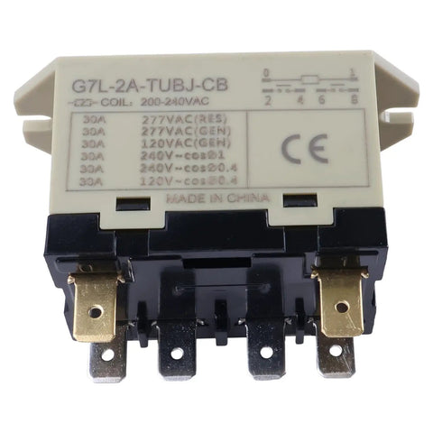 Enclosed Power Relay G7L-2A-TUBJ-CB DPST-NO With Test Button for 200-240VAC showing terminal connections and label