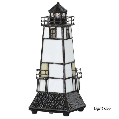 Lighthouse Tiffany Style Stained Glass Accent Table Lamp Night Light With Lookout Platform for Home Decor, light off view