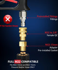 Diagram showing fittings and adapters of High Flow Pressure Washer Gun With Swivel For 4000 PSI Power Washing, M22 14mm/15mm And 3/8 QC Inlet, 1/4 Quick Connect For Foam Cannon, Perfect For Car Wash, Patio And Driveway.