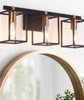 Industrial Style 3 Light Vanity Light Fixture In Black And Antique Brass With Metal Cage Frame Rustic Farmhouse Wall Sconce