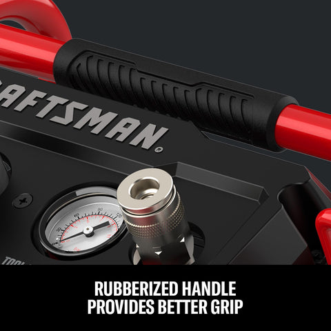 Close-up of the two gallon portable air compressor with one third HP max, featuring a rubberized handle for better grip