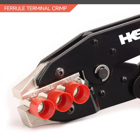 Ratcheting Crimping Tool For Sleeves Ferrule Terminals And Pin Cord Ends, Pro Grade Wire Crimper For AWG 3-1/0 (25-50mm²), Solid Crimp Die, Smooth Ratchet Mechanism, Heavy Duty Construction For Reliable Electrical Crimps. Ferrule terminal crimp on red sleeves
