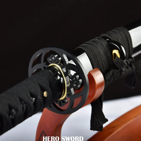 Close-up of Handcrafted Practice Katana With Full Tang Blunt Blade For Dojo Training showcasing tsuba and handle wrap detail.