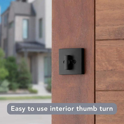 Interior view of Front Door Deadbolt With SmartKey Rekey Technology And Microban Protection In Matte Black, showing thumb turn.