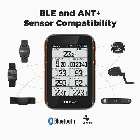 Wireless GPS Bike Computer With Auto Backlight And Cadence Speed Sensor BC200 Cycling Data Tracker Bluetooth 5.0 shown with compatible sensors.