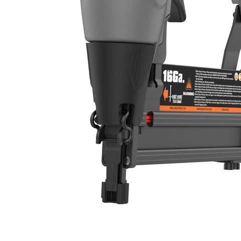 Close-up of the Straight Shooting Pneumatic 3 In 1 Nailer And Stapler showing 16 gauge finish nail attachment for detailed work.